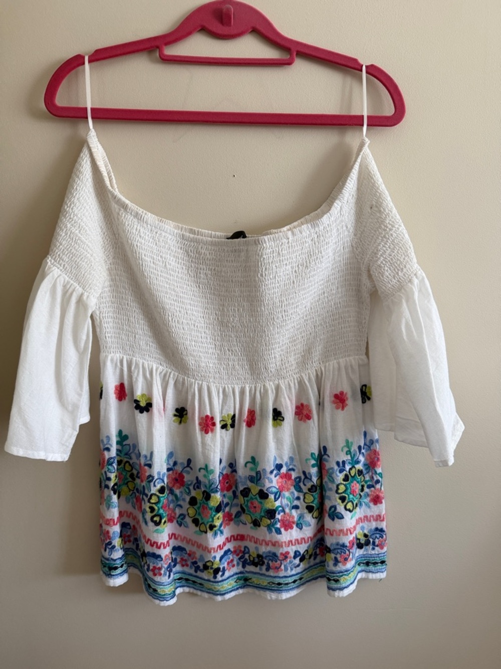 White Embroidered Off-Shoulder Floral Tunic